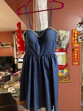 Sleeveless Blue Denim Fit-and-Flare Dress with Beaded Trim